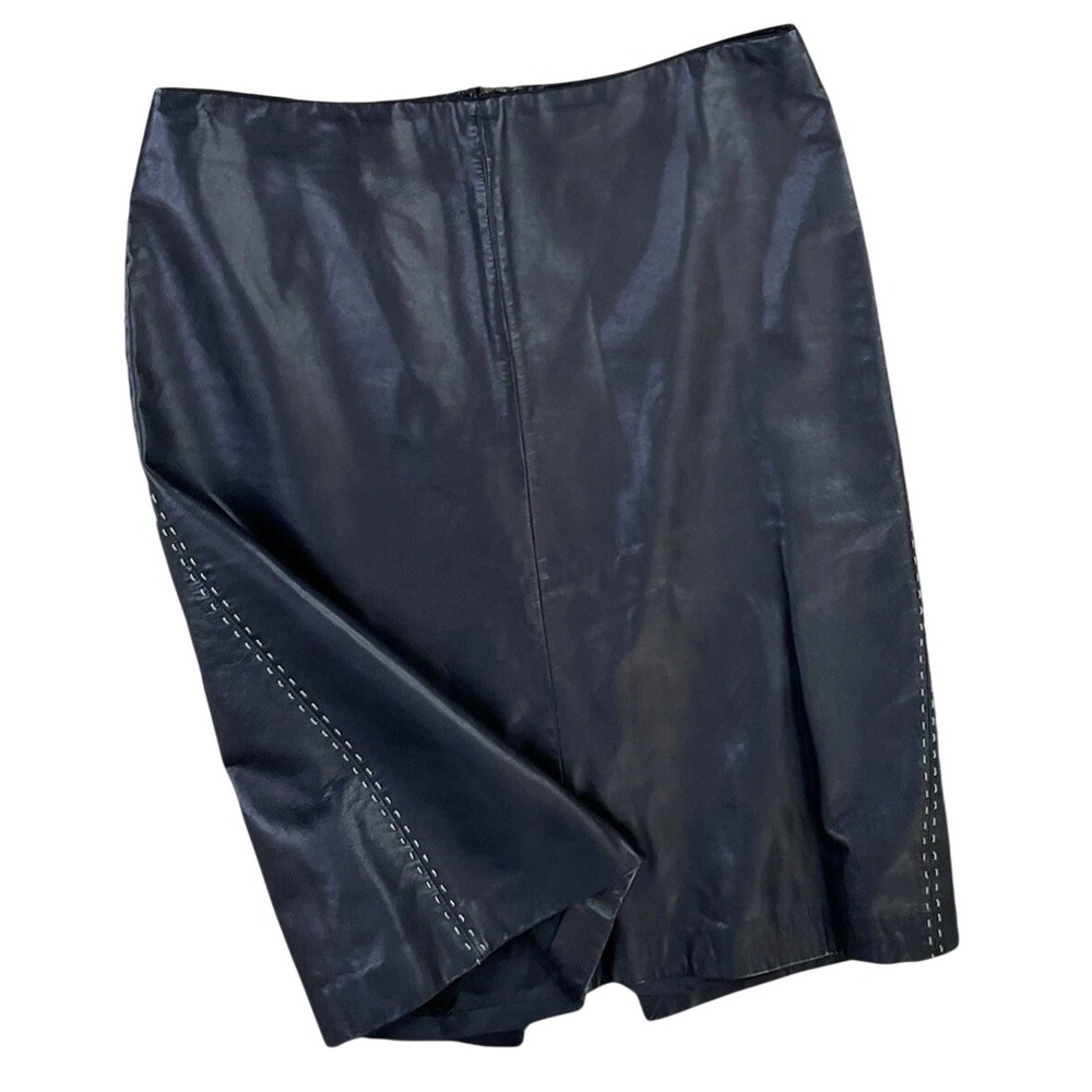 Ann Taylor Skirt Womens 2‎ Black 100% Leather Pencil Contrast Stitching Vintage